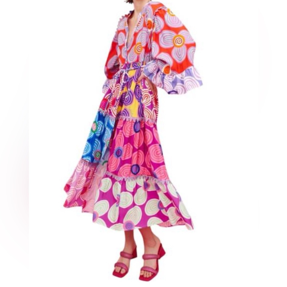Celia B Maryann V-Neck Mixed Print Midi Dress Button Bright Whimsy Size L - Picture 3 of 16
